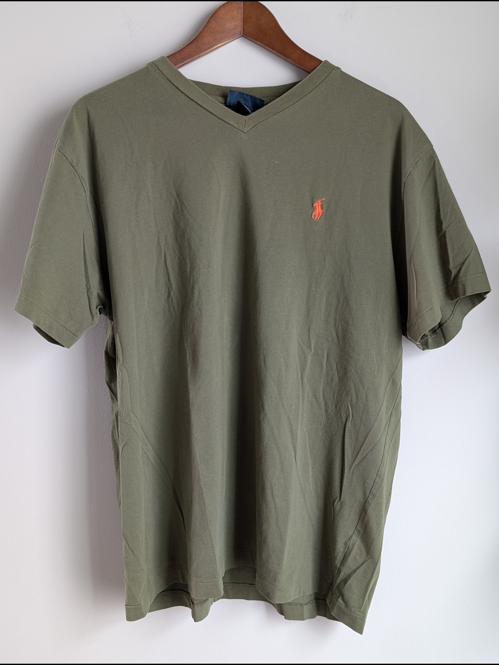Polo Ralph Lauren Men's T-shirt Olive Green Solid V-neck  Size Large Orange Pony